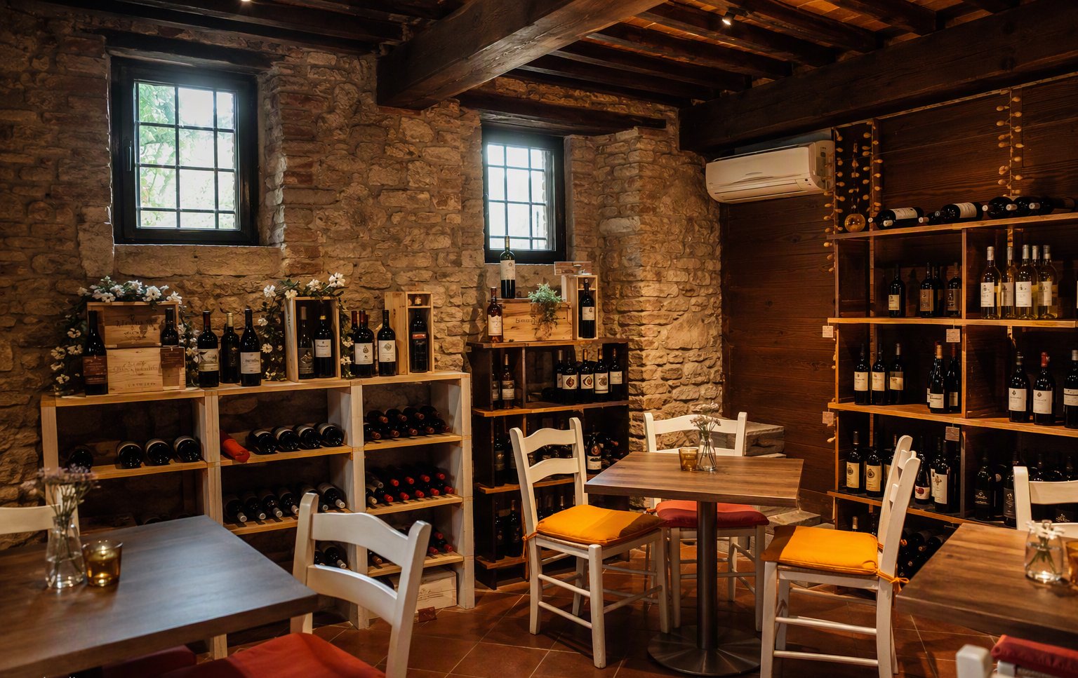 La sala in pietra con gli scaffali dei vini e le sedie bianche