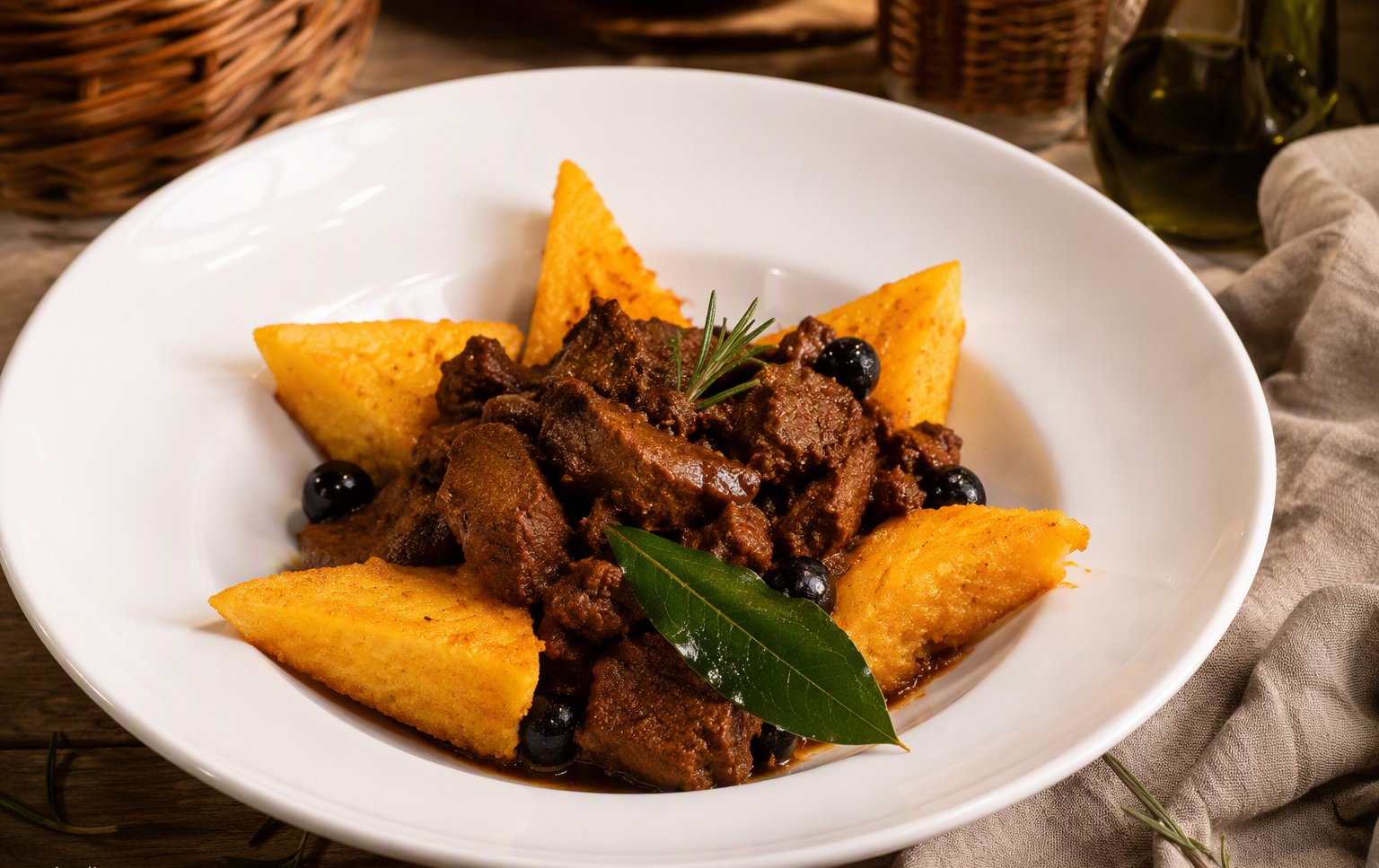 Il gulash alla toscana con le fette di polenta fritta
