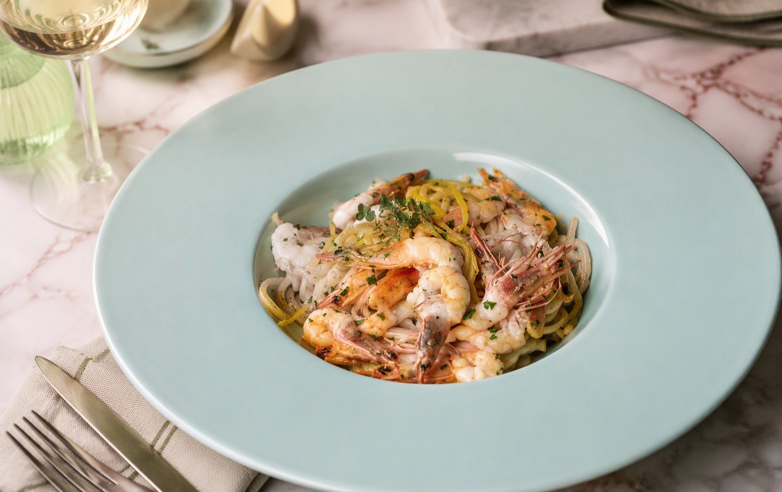 Gli spaghetti ai gamberi con scorza di limone e timo fresco